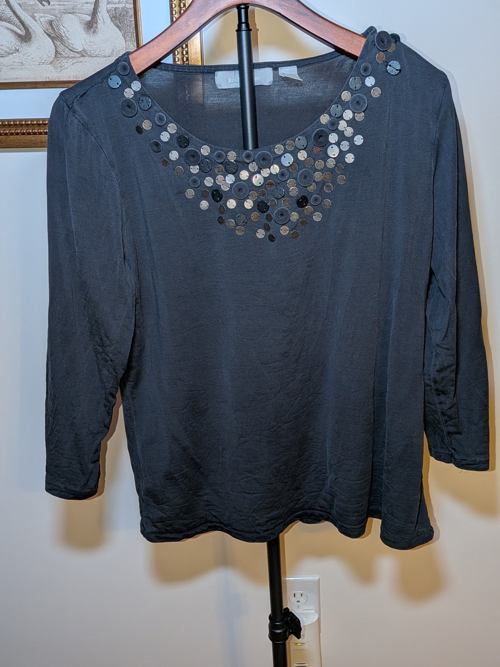 Liz Claiborne Black Long Sleeve Scoop Neck Top with Sequins
